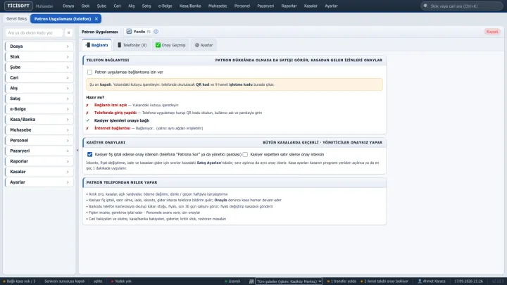 Patron Uygulaması (telefon) ekranı
